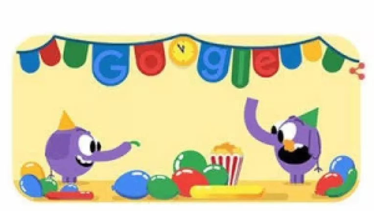 Ajunul Anului Nou este marcat de Google cu un doodle in care  un elefant umfla baloane iar alt elefant le inghite